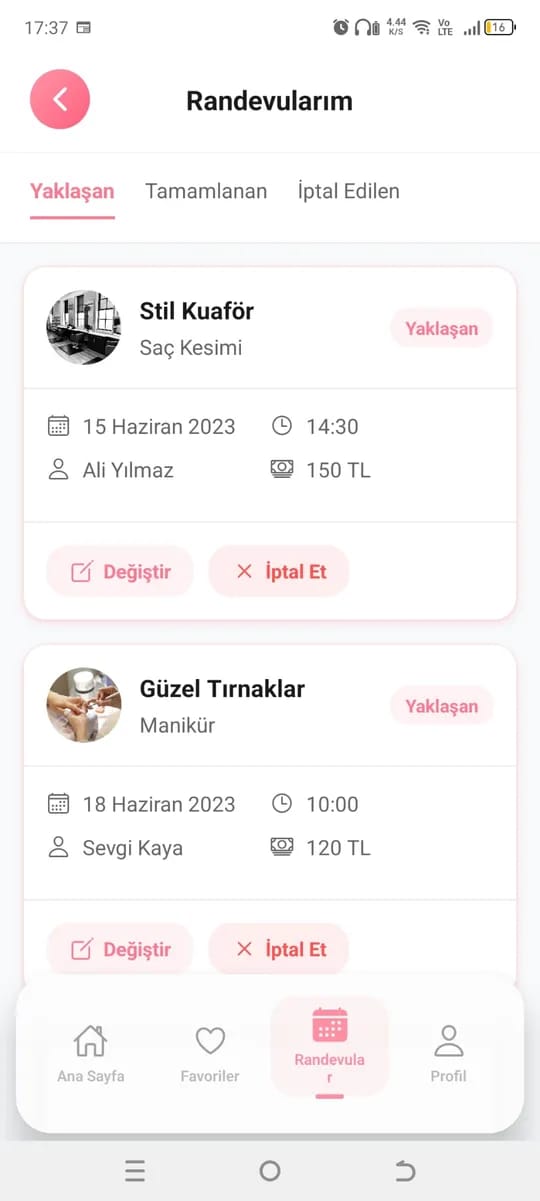Look Bubble randevularım ekranı: yaklaşan randevular, değiştir ve iptal et