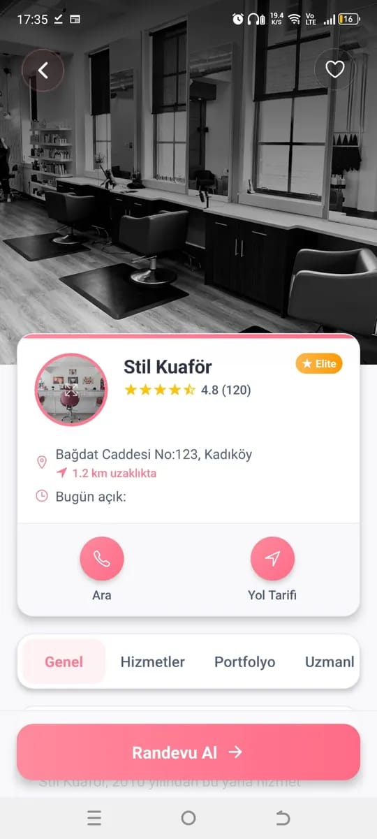 Look Bubble işletme detay ekranı: puan, adres, ara, yol tarifi ve randevu al