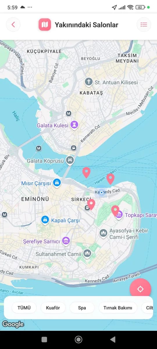 Look Bubble yakındaki salonlar haritası ve hizmet filtreleri
